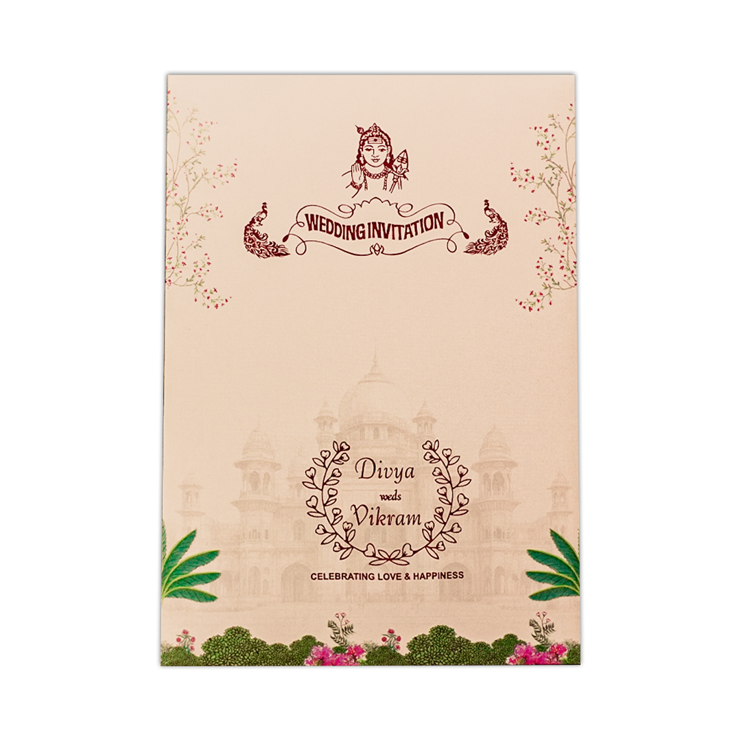 Cream Palace Peacock Wedding Card-KNKY2601