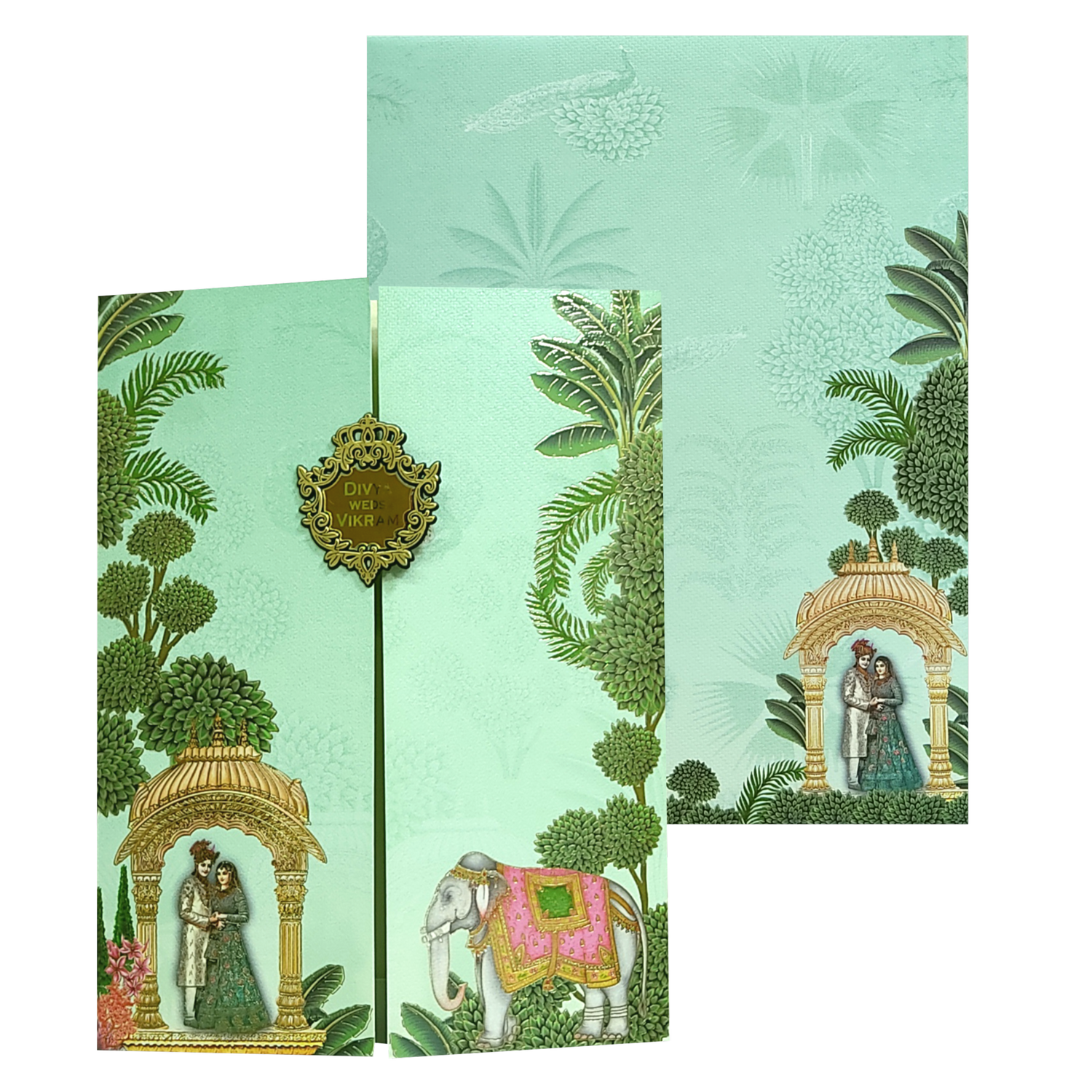 Green Arch Bride Groom Nameplate Marriage Card-KNKM8203