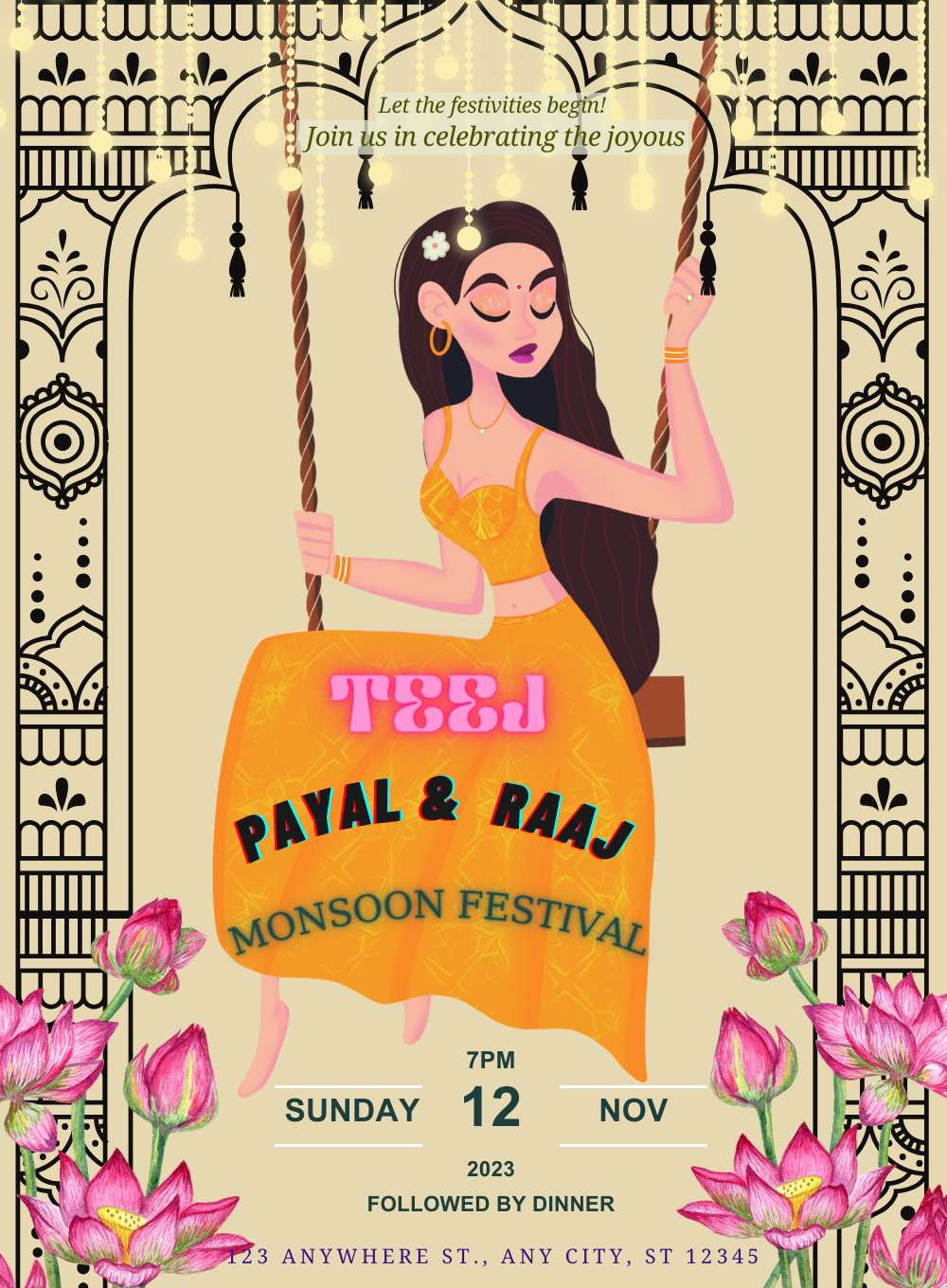 Orange Girl Teej Invitation-AATEE010