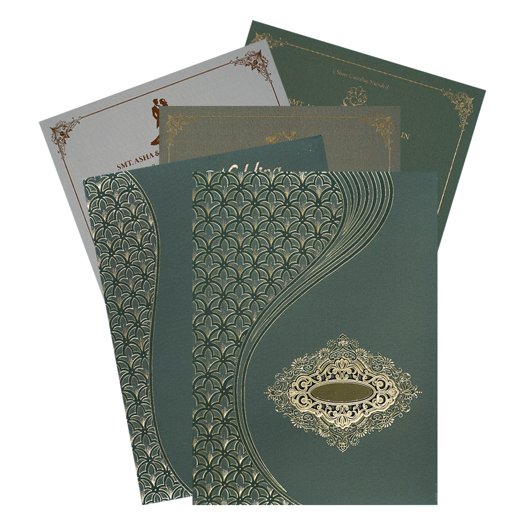Check out Dark Green Gold Geometric Padded Wedding Card at best price.✅WhatsApp Support ✅Express Delivery.|King of cards.