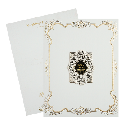 White Gold Floral Border Padded Wedding Card-KSI64350