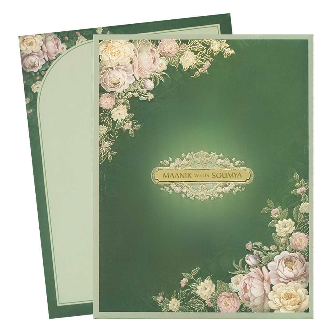 Dark Green Floral Padded Wedding Card-KSSC2490