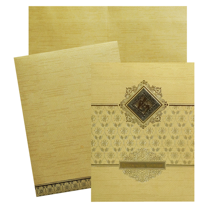 Metallic Gold Ganesha Nameplate Wedding Card-King of Cards