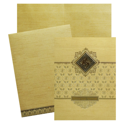 Metallic Gold Ganesha Nameplate Wedding Card-King of Cards