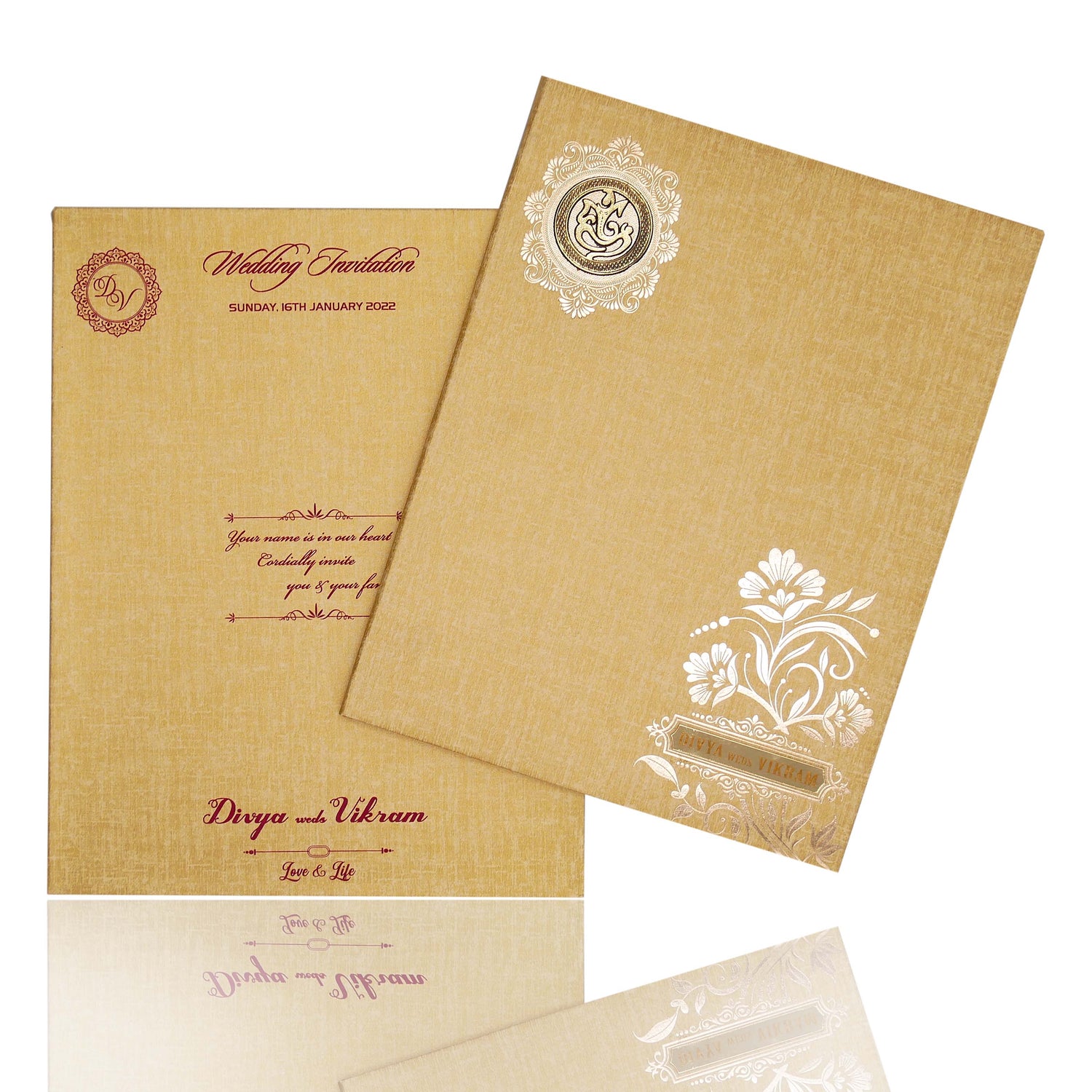 Brown Gold Padded White Flower Print Wedding Invitation-KNPP8501N