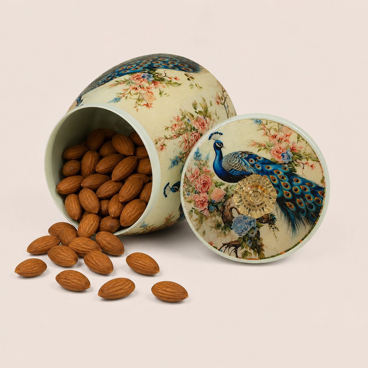 Cream Elegant Peacock Floral Decorative Jar - KRAJ0030