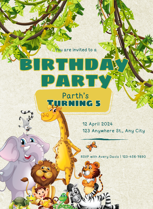 Jungle Animal Themed Kids Birthday Party Invitation-King of Cards