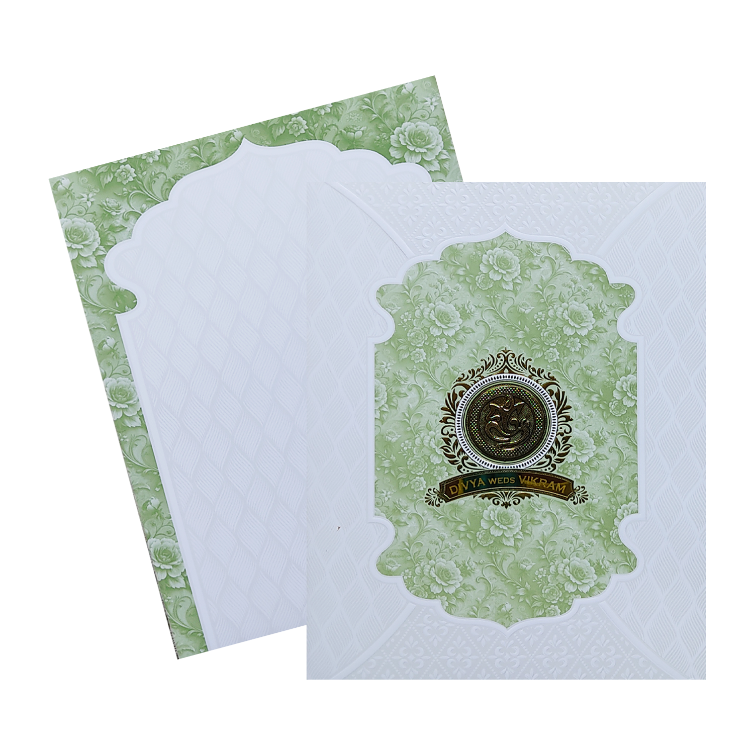 White Embossed Green Floral Wedding Card-KNJS2084G