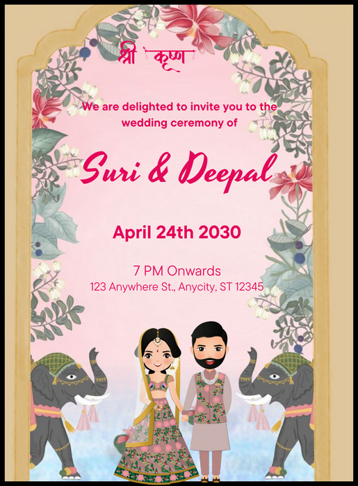 Pink Elephant Gujarati Wedding Invitation&