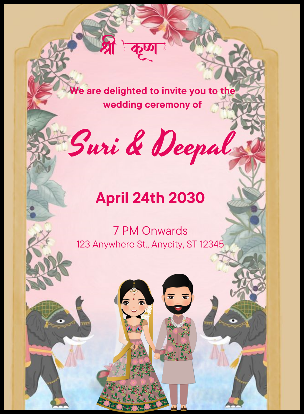 Pink Elephant Gujarati Wedding Invitation&