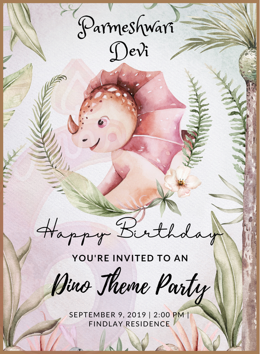 Pink Floral Dinosaur Invitation-AADII011