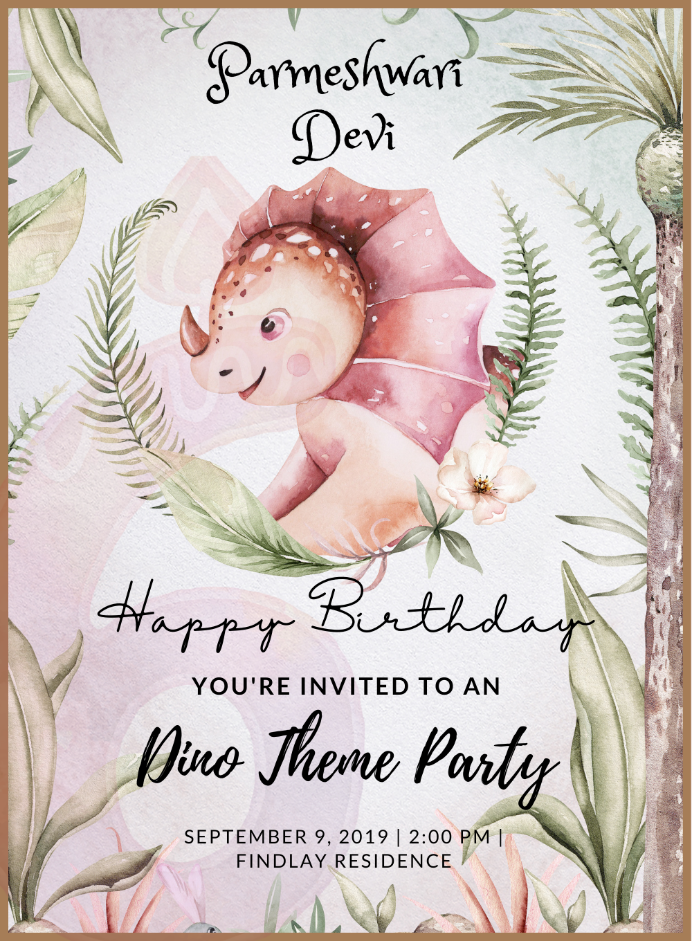 Pink Floral Dinosaur Invitation-AADII011