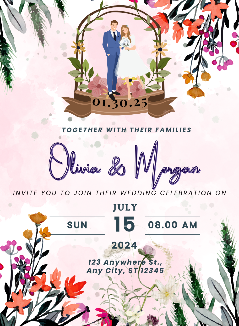 Pink Garlend Floral Wedding Invitations-AAFWI025