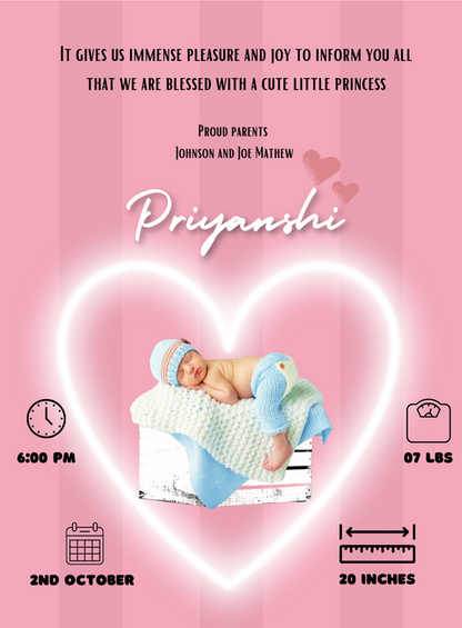Pink Heart Baby Birth Announcement Invitations-AABBA016