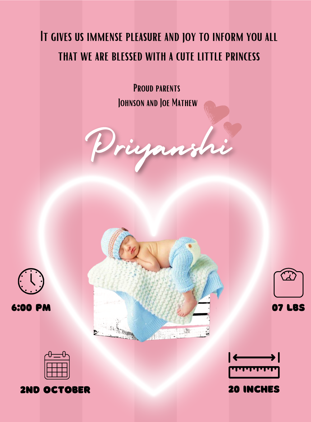 Pink Heart Baby Birth Announcement Invitations-AABBA016