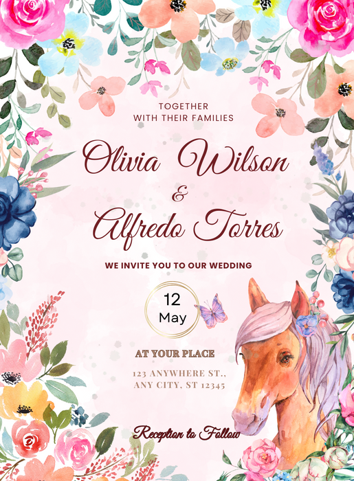 Pink Horse Floral Wedding Invitations-AAFWI024