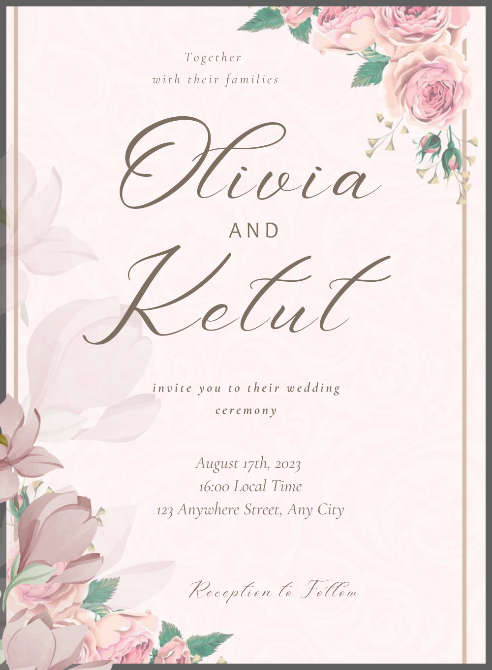 Pink Roses Floral wedding Invitation-AAFWI016
