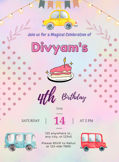 Pink Van Kids birthday Invitation-AAKBI027
