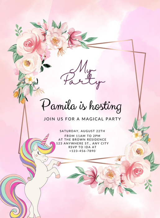 Pink Wreath Unicorns Invitation-AAUNI010