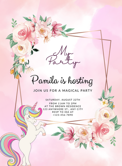 Pink Wreath Unicorns Invitation-AAUNI010
