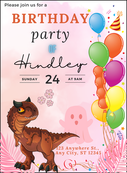 Pinktastic Balloons Dinosaur Invitation-AADII002