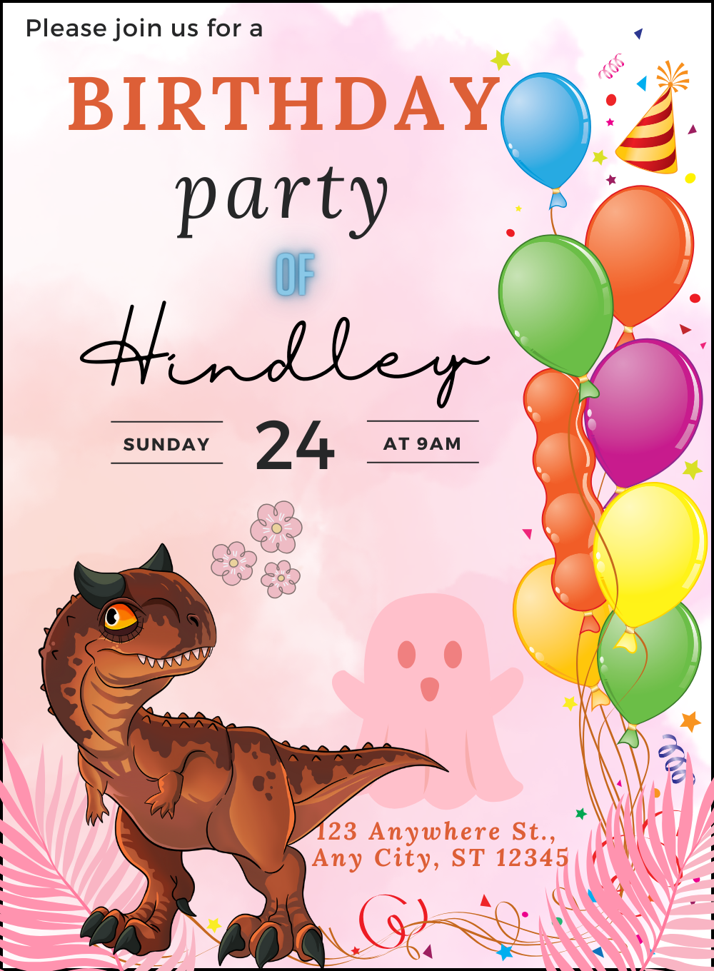 Pinktastic Balloons Dinosaur Invitation-AADII002