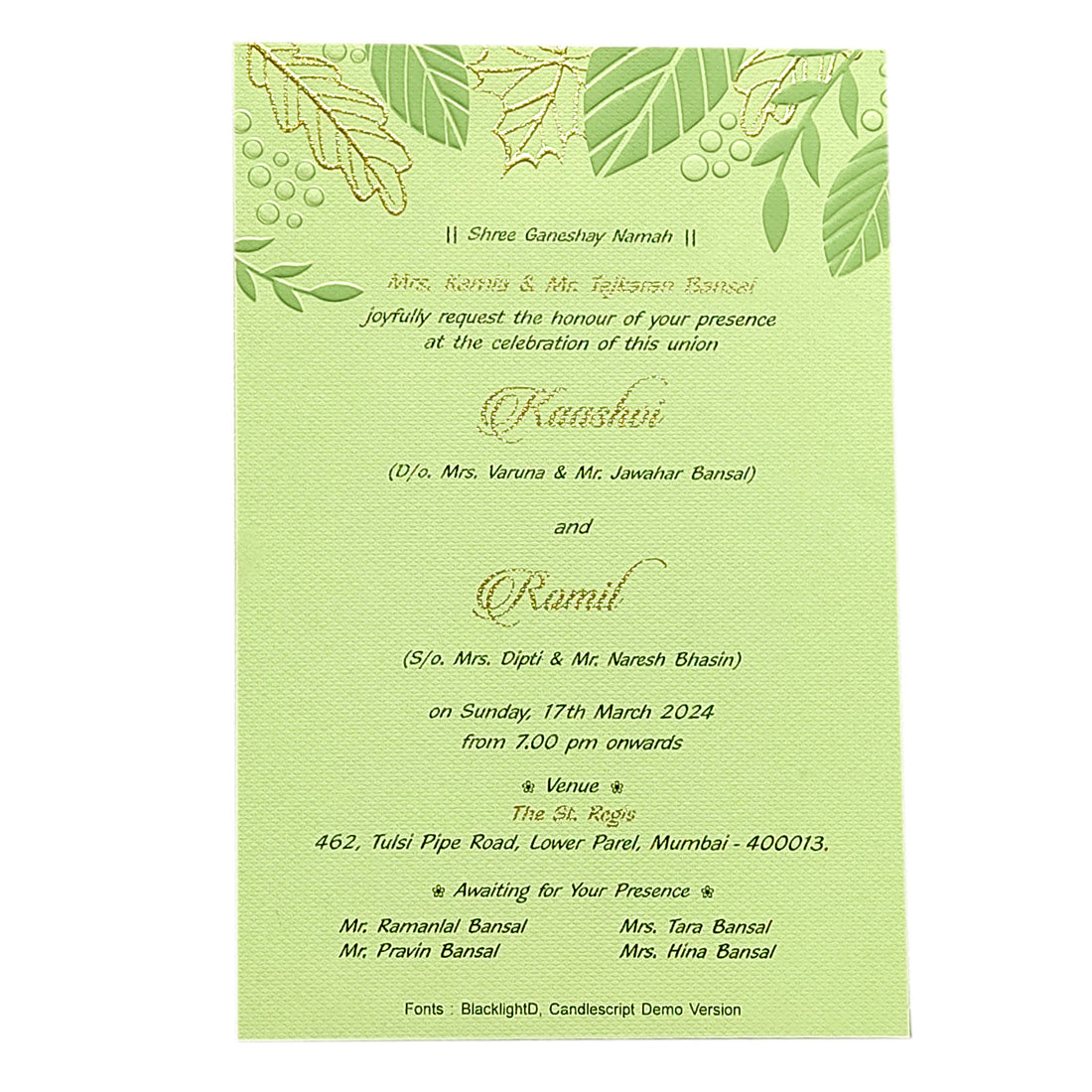Green Embossed Single Sheet Invitation Card-KRCS6132