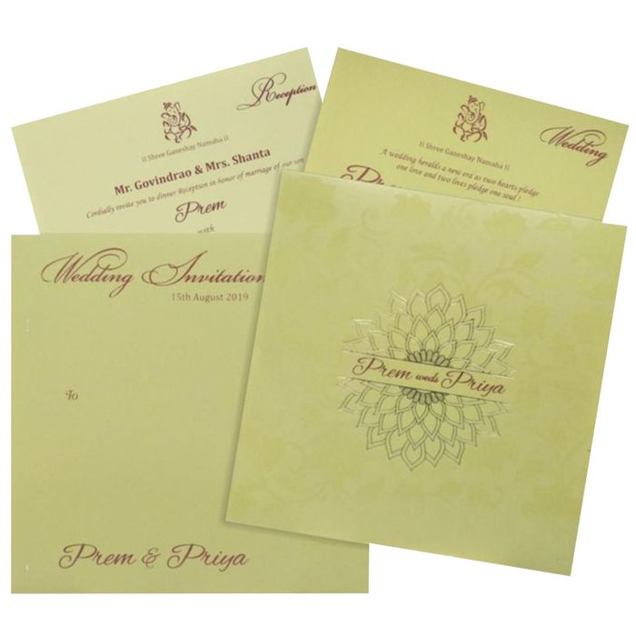 This wedding card is a designer card with lovely blossom theme. This card is in green shading with equal orientation. The names of the bride and groom are imprinted at the centre with gold foiling flowers surrounding it. As a standard offering, this card has a cover and two inserts with cream shading. This card has a conventional opening with a weight of 45 grams. Make your wedding awesome with this card. Click the WATCH VIDEO icon to see the video of the card.