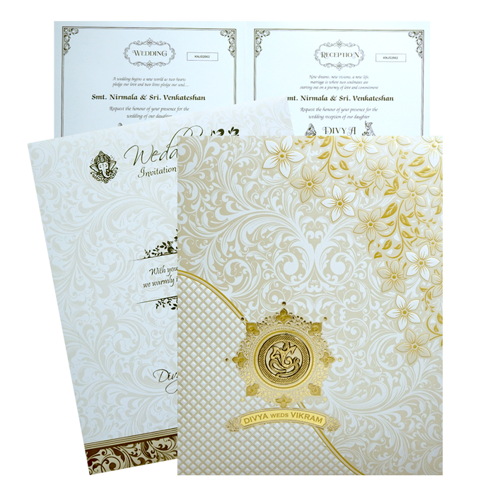 White Jumbo Screen Embossed Floral With Ganesha And Name Plate-King of Cards