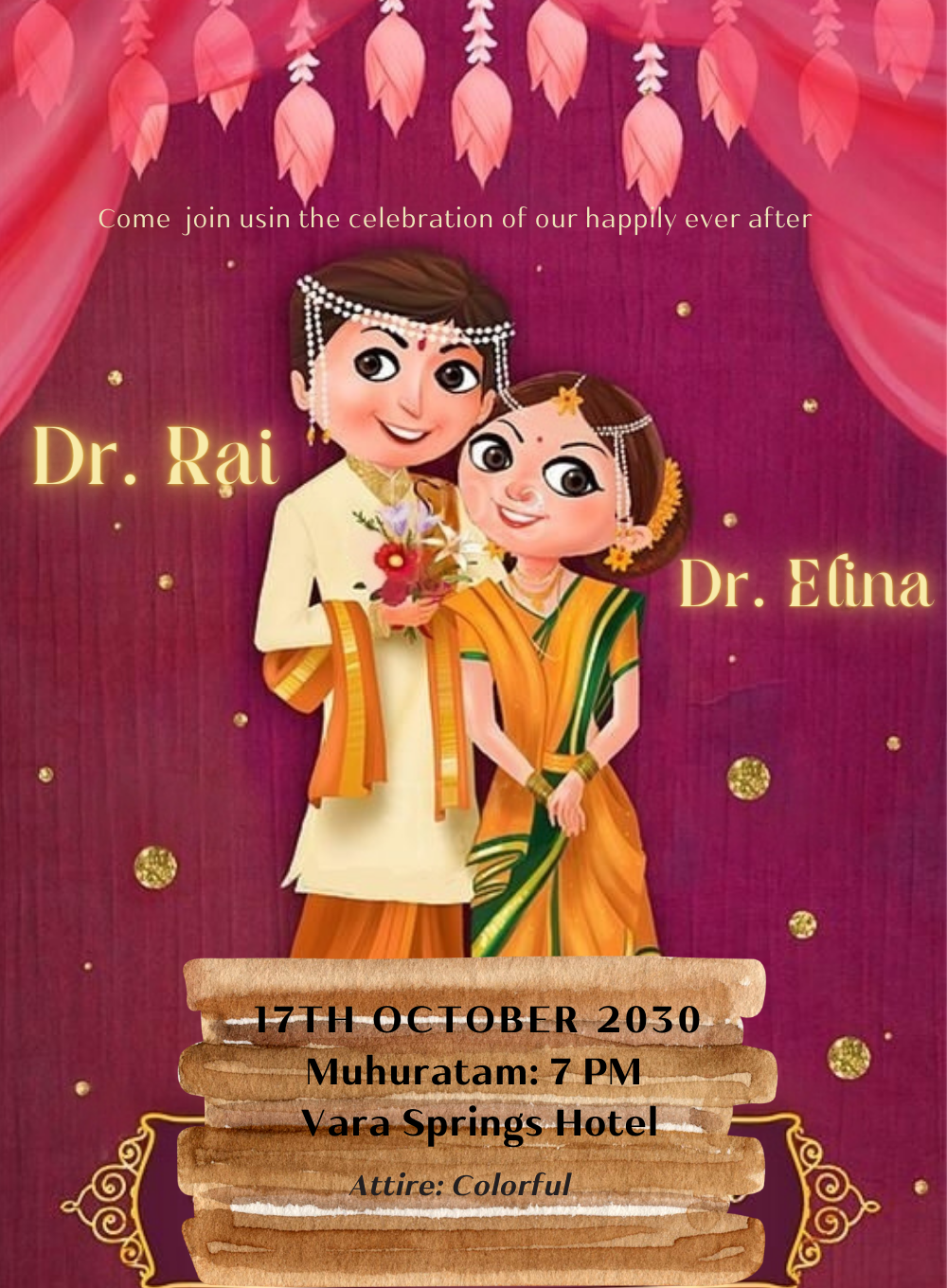 Purple Caricature Marathi Wedding Invitation-AAMAI009