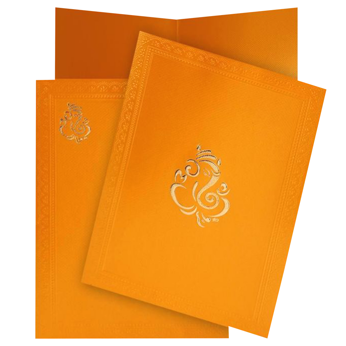 Selling Orange envelope with ganesha peint on cover folding insert invitation card online. Buying invitation cards made easy with King of Cards! ? Customer Support ? Home Delivery