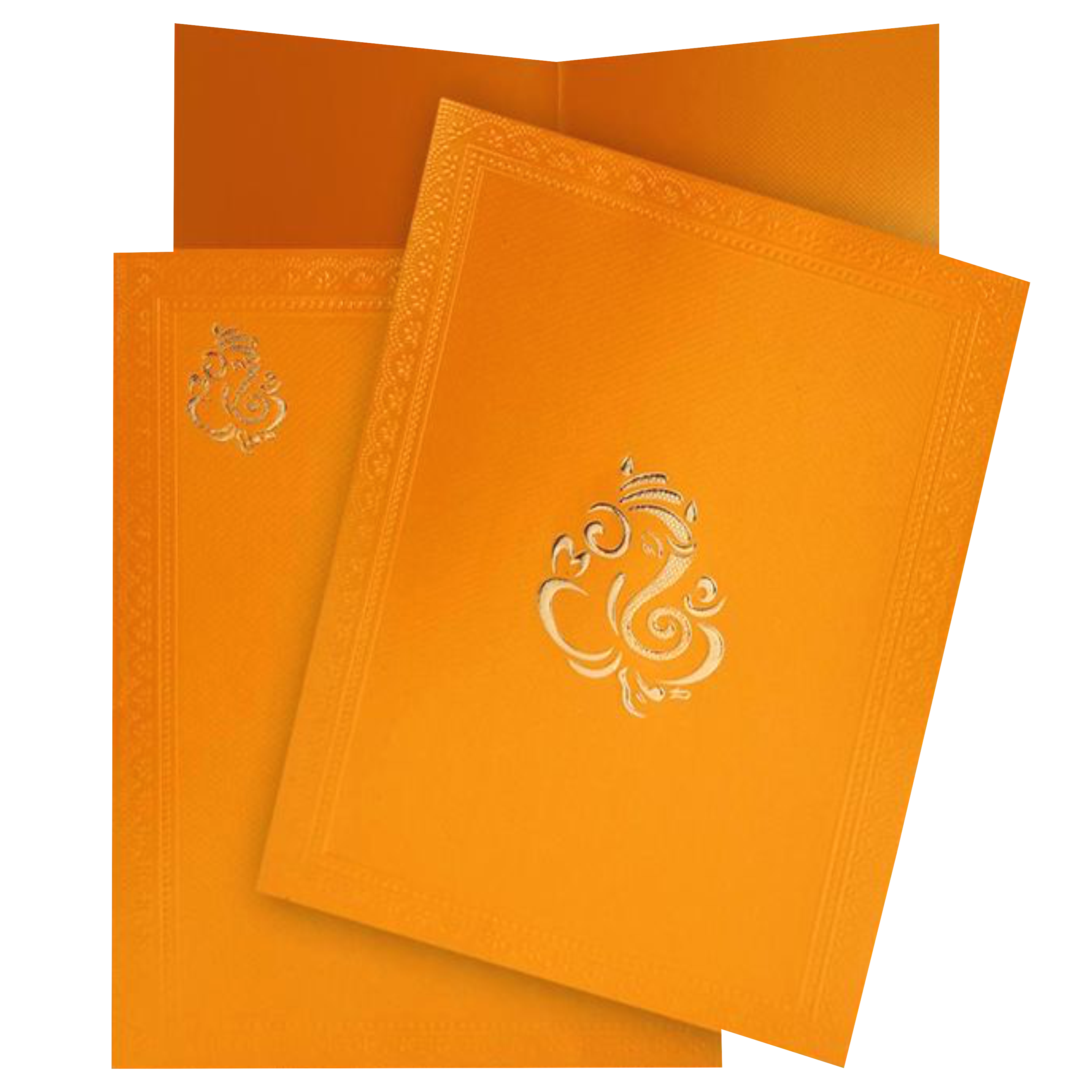 Selling Orange envelope with ganesha peint on cover folding insert invitation card online. Buying invitation cards made easy with King of Cards! ? Customer Support ? Home Delivery