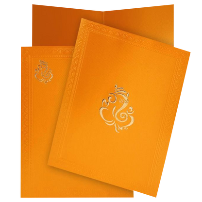 Selling Orange envelope with ganesha peint on cover folding insert invitation card online. Buying invitation cards made easy with King of Cards! ? Customer Support ? Home Delivery
