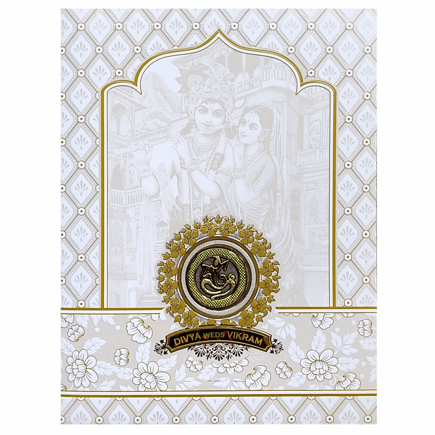 White Radhe Krishna Nameplate Invitation Card-KNJS2082