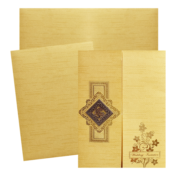 Metallic Gold Green Door Ganesha Wedding Card-King of Cards