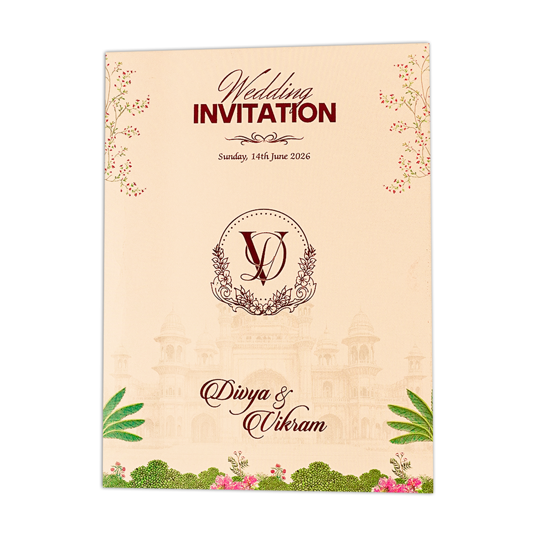 Cream Palace Peacock Padded Wedding Card-KNOR5203