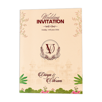 Cream Palace Peacock Padded Wedding Card-KNOR5203