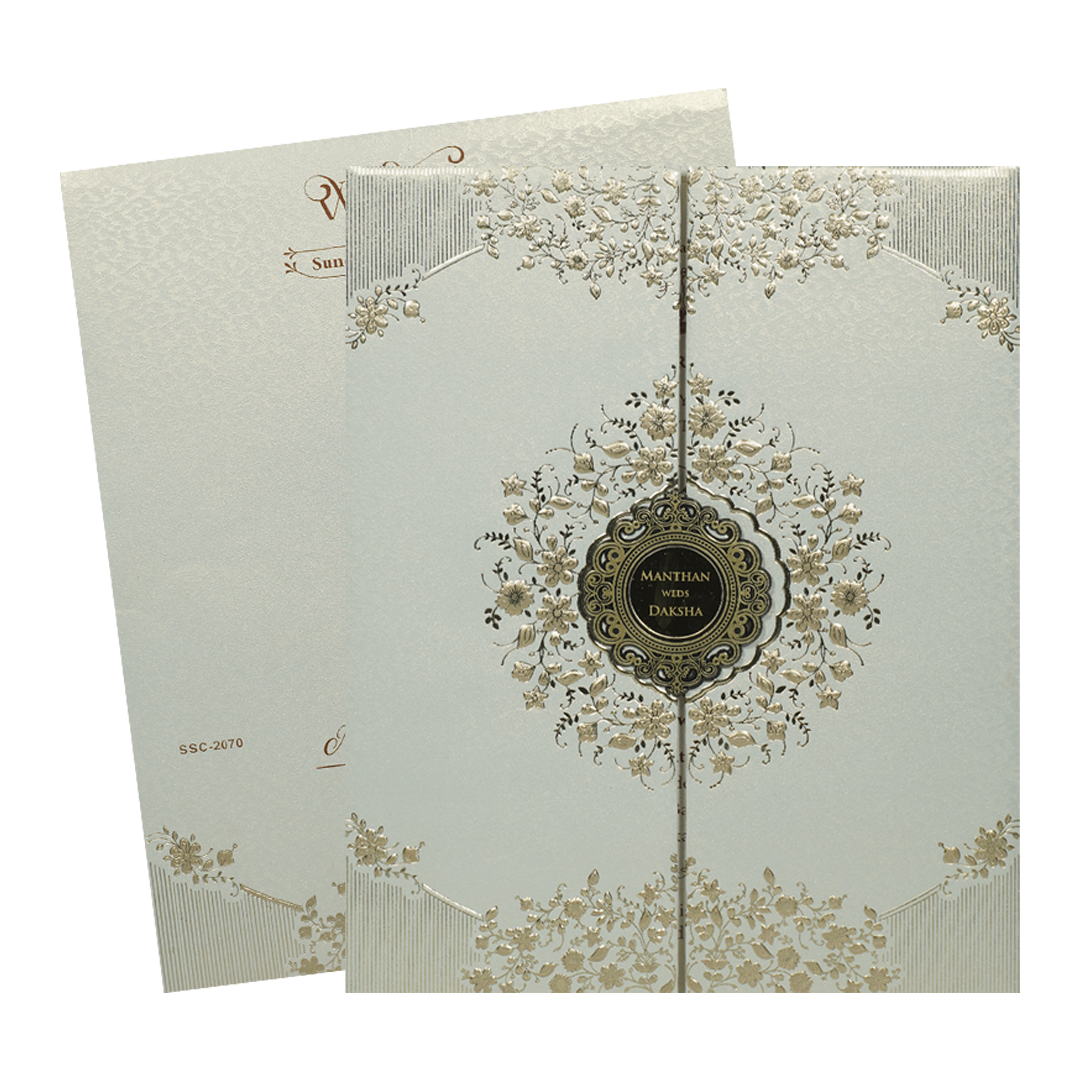 White Gold Square Floral Padded Wedding Card-KSSC2070