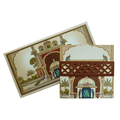 Brown Arch Peacock Box Invitation-KRC30800