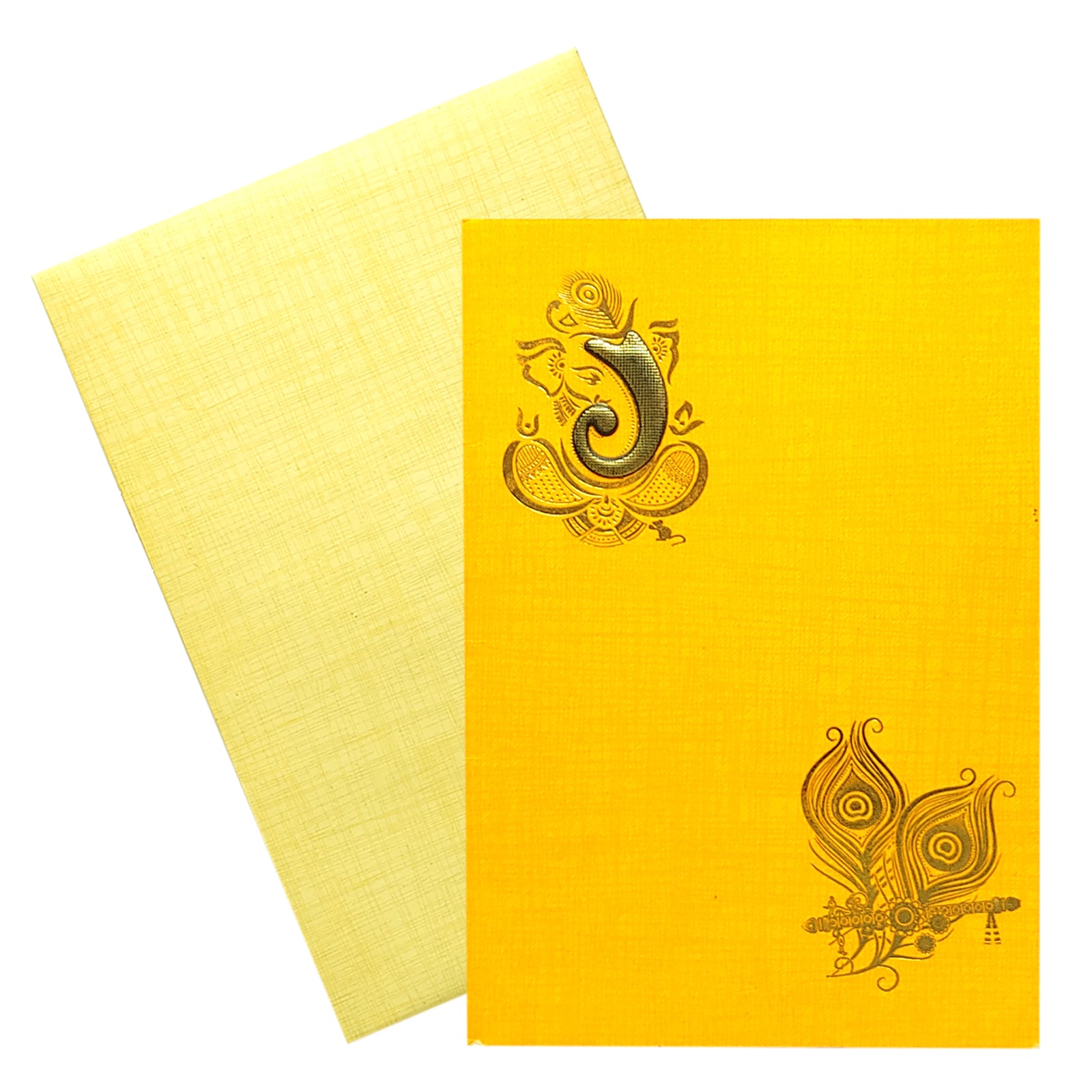 Orange Prince Met Contra Designer Wedding Card With Peacock Feather &amp; Lord Ganesha-KNPM704O
