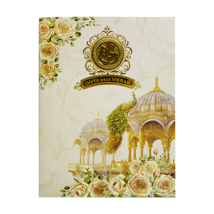 Ivory Traditional Peacock Nameplate Invitation Card-King of Cards