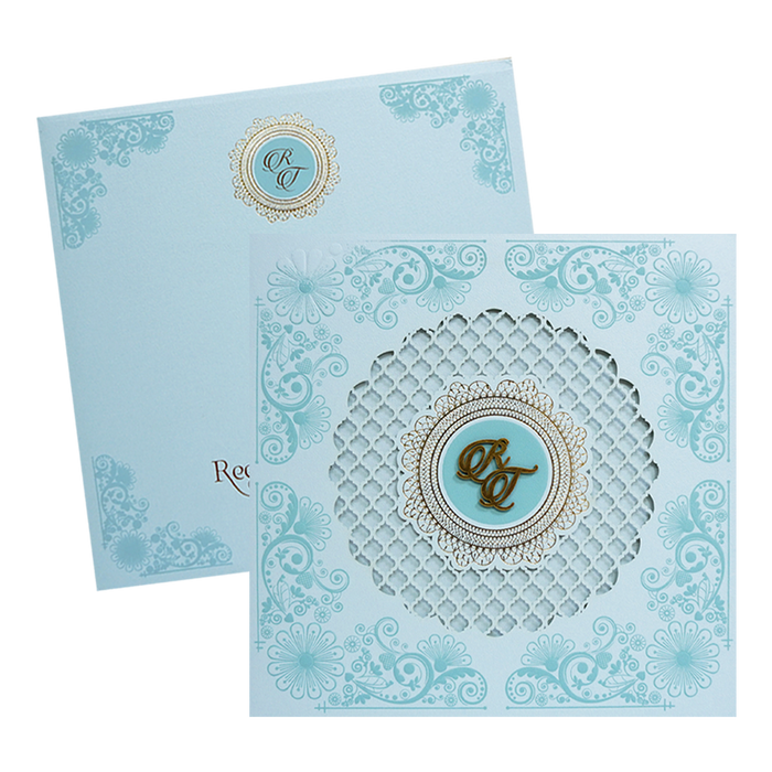 Blue Padded Laser Cut Wedding Card-King of Cards