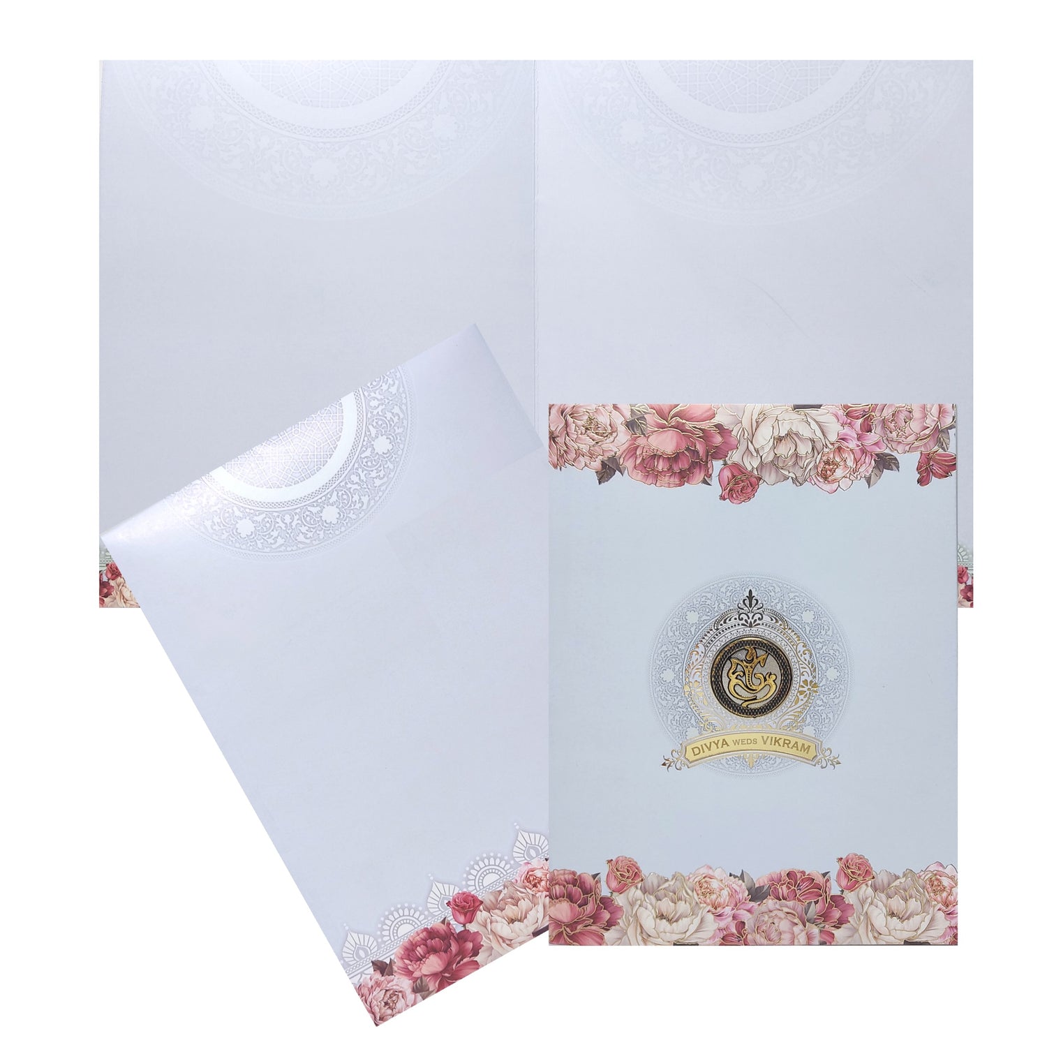 Selling Blue floral envelope with sticker and acrylic nameplate invitation card online. Buying invitation cards made easy with King of Cards! &amp;