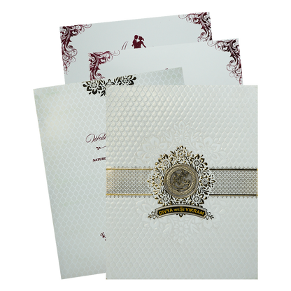 White Textured Floral Band Wedding Card-KNCS8516W