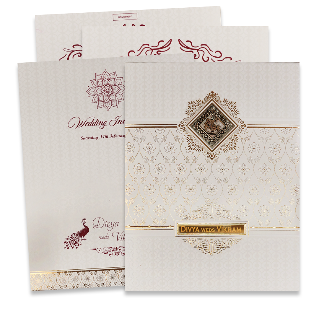 Check out White Gold Om Floral Padded Wedding Card at best price. ✅WhatsApp Support ✅Express Delivery.