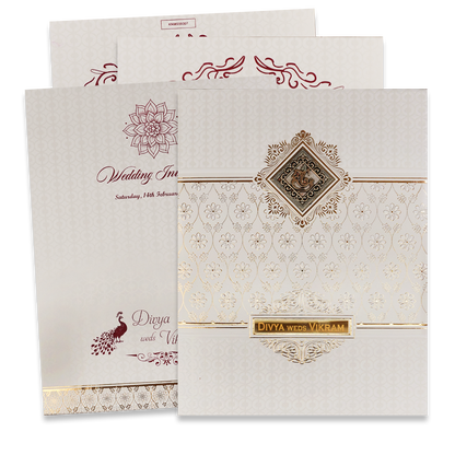 Check out White Gold Om Floral Padded Wedding Card at best price. ✅WhatsApp Support ✅Express Delivery.