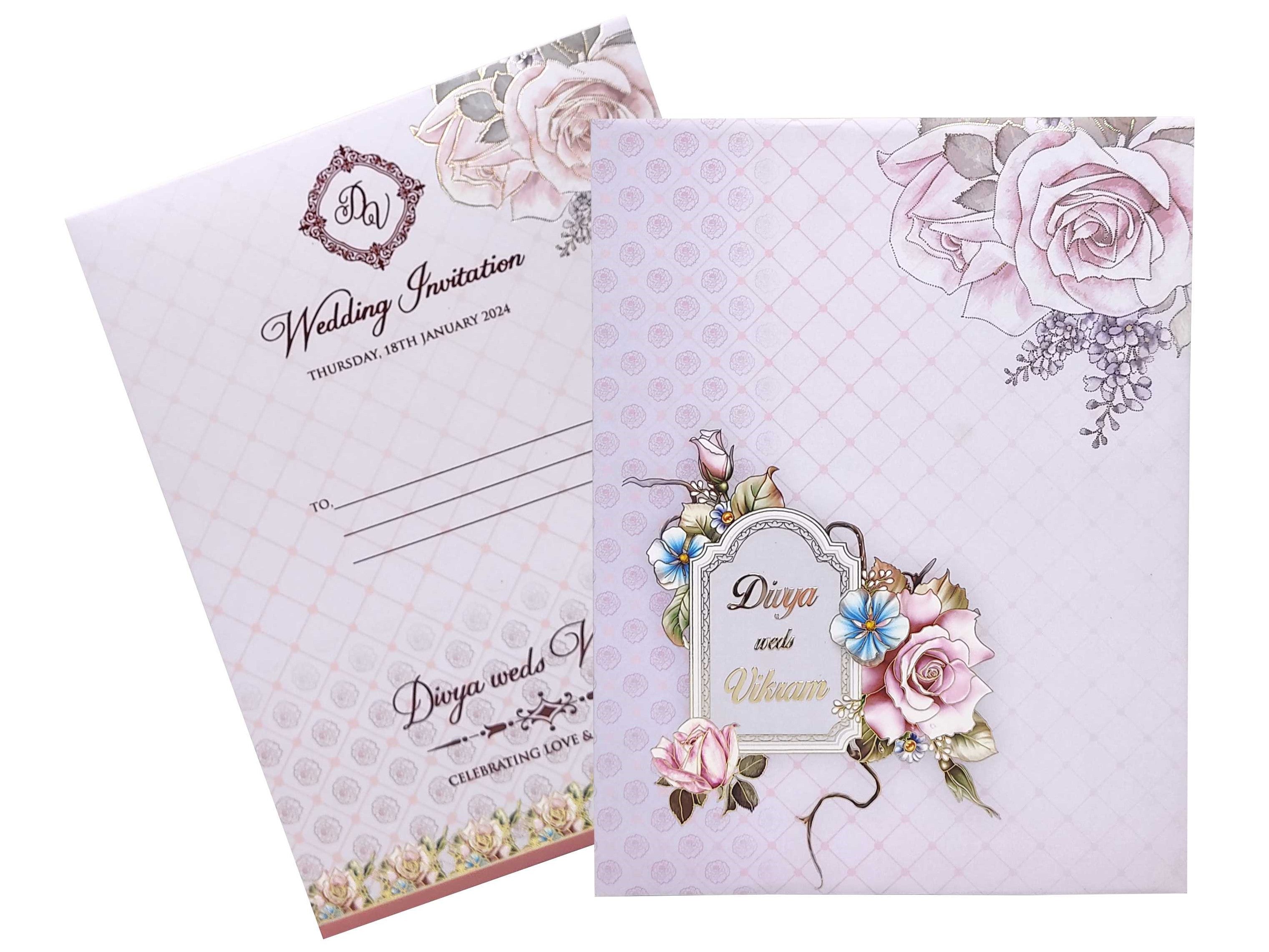 Lavender Floral Designer Padded Wedding Card-KNPO01AP