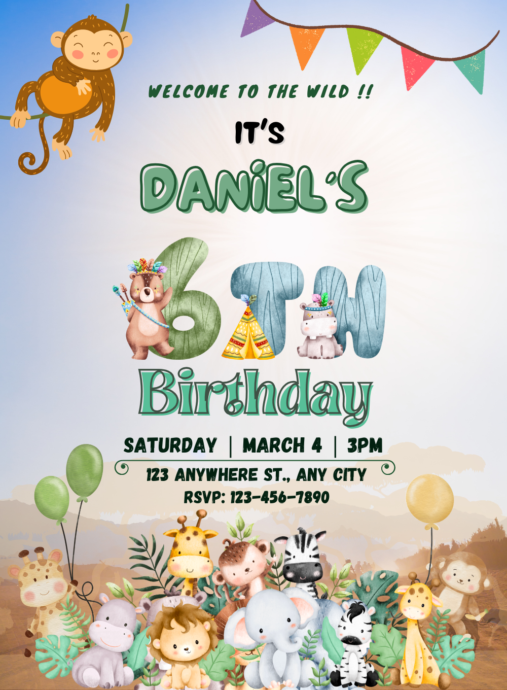 Blue Monkey Animals Invitation-AAANI004