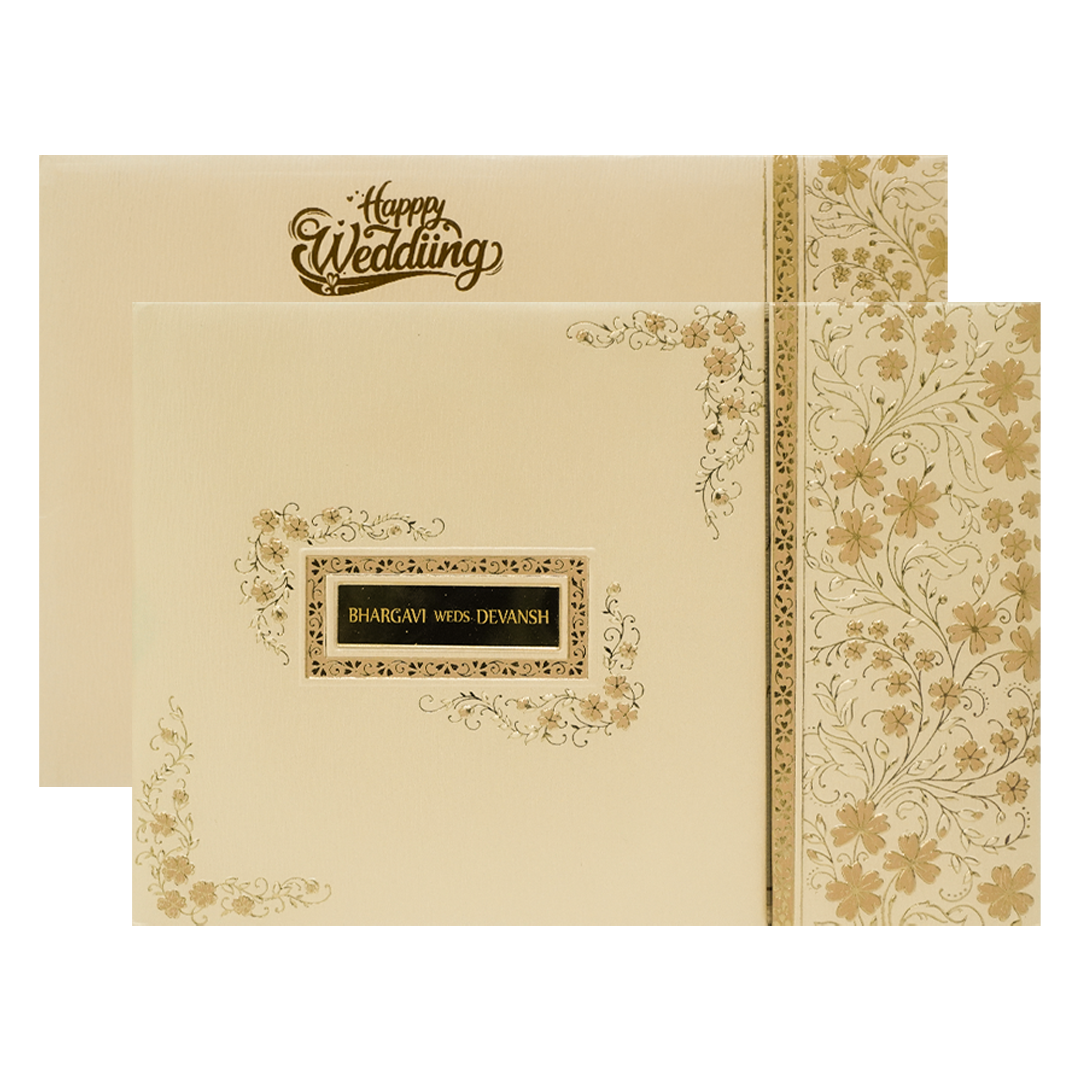 Cream Gold Floral Rectangular Padded Wedding Card-KSSC2390