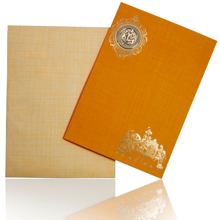Orange Classic Paper With Gold Foiling Baraat Print And Ganesh Sticker-KNCP825O-King of Cards
